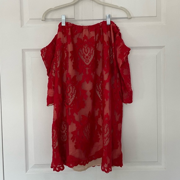 Off the Shoulder Red Lace Dress - Picture 1 of 8